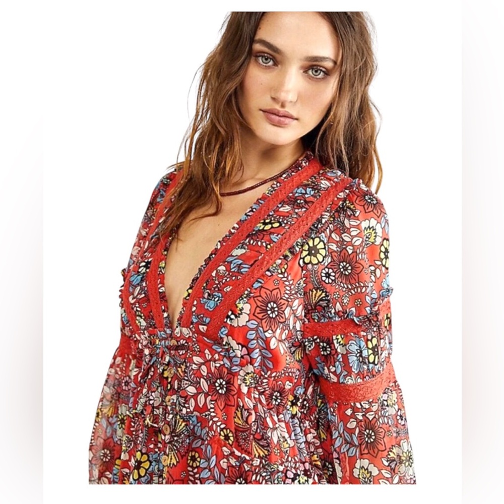 FREE PEOPLE Cassis Printed Chiffon Dress, Tiered, Mix Floral, Size XS. - Picture 4 of 12